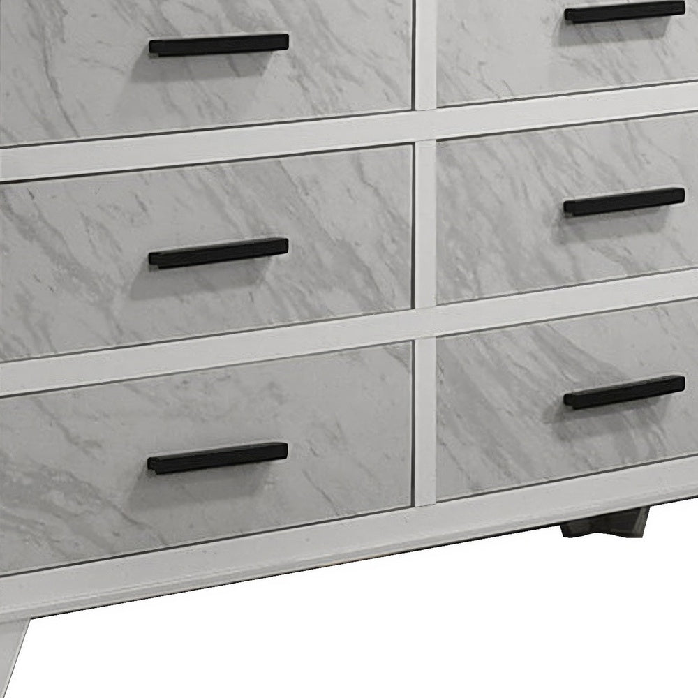 Feza Wide Dresser | 6 Drawers with Faux Marble Inset | Black Pulls | White