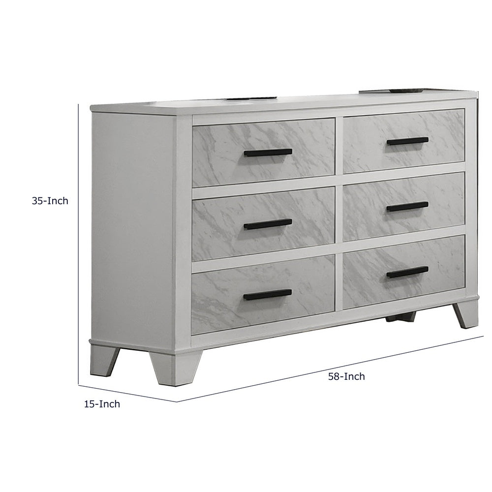 Feza Wide Dresser | 6 Drawers with Faux Marble Inset | Black Pulls | White