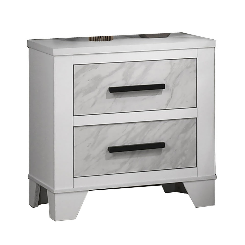 Feza Nightst& | 2 Drawers with Faux Marble Inset | Black Pulls | White