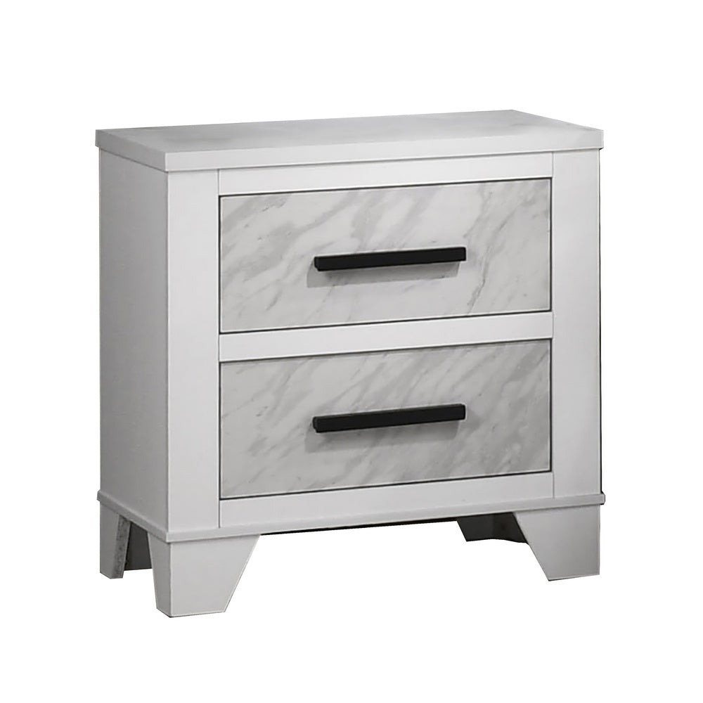Feza Nightst& | 2 Drawers with Faux Marble Inset | Black Pulls | White