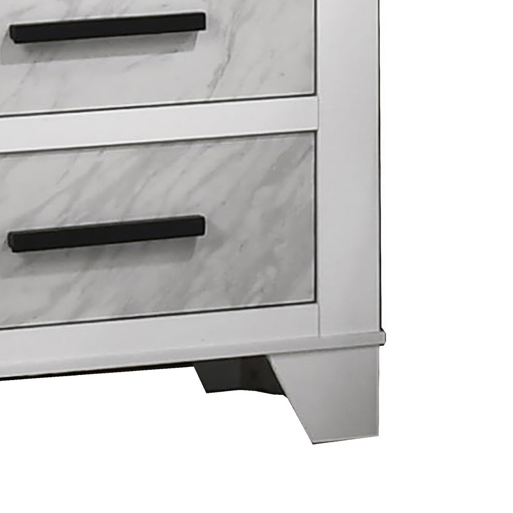 Feza Nightst& | 2 Drawers with Faux Marble Inset | Black Pulls | White