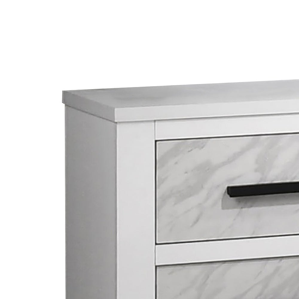 Feza Nightst& | 2 Drawers with Faux Marble Inset | Black Pulls | White