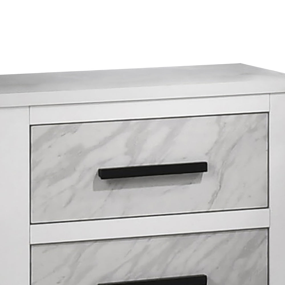 Feza Nightst& | 2 Drawers with Faux Marble Inset | Black Pulls | White