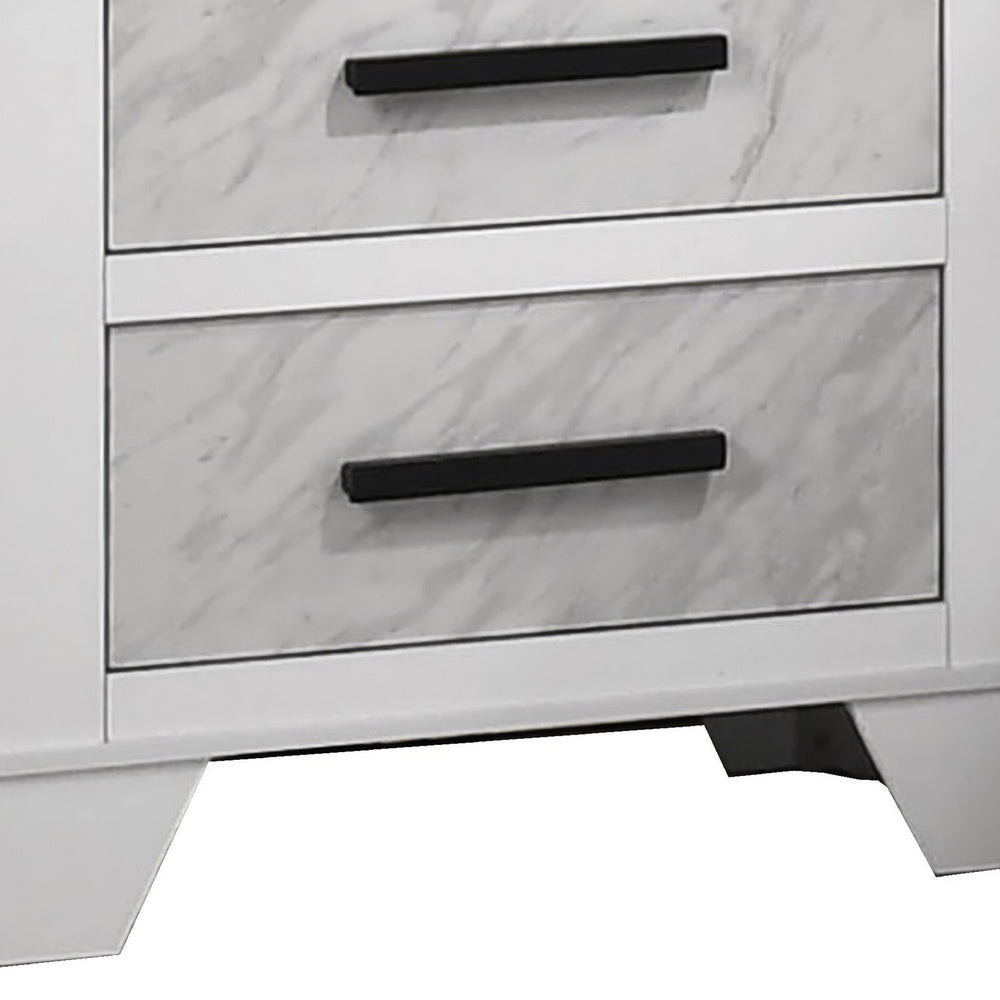 Feza Nightst& | 2 Drawers with Faux Marble Inset | Black Pulls | White