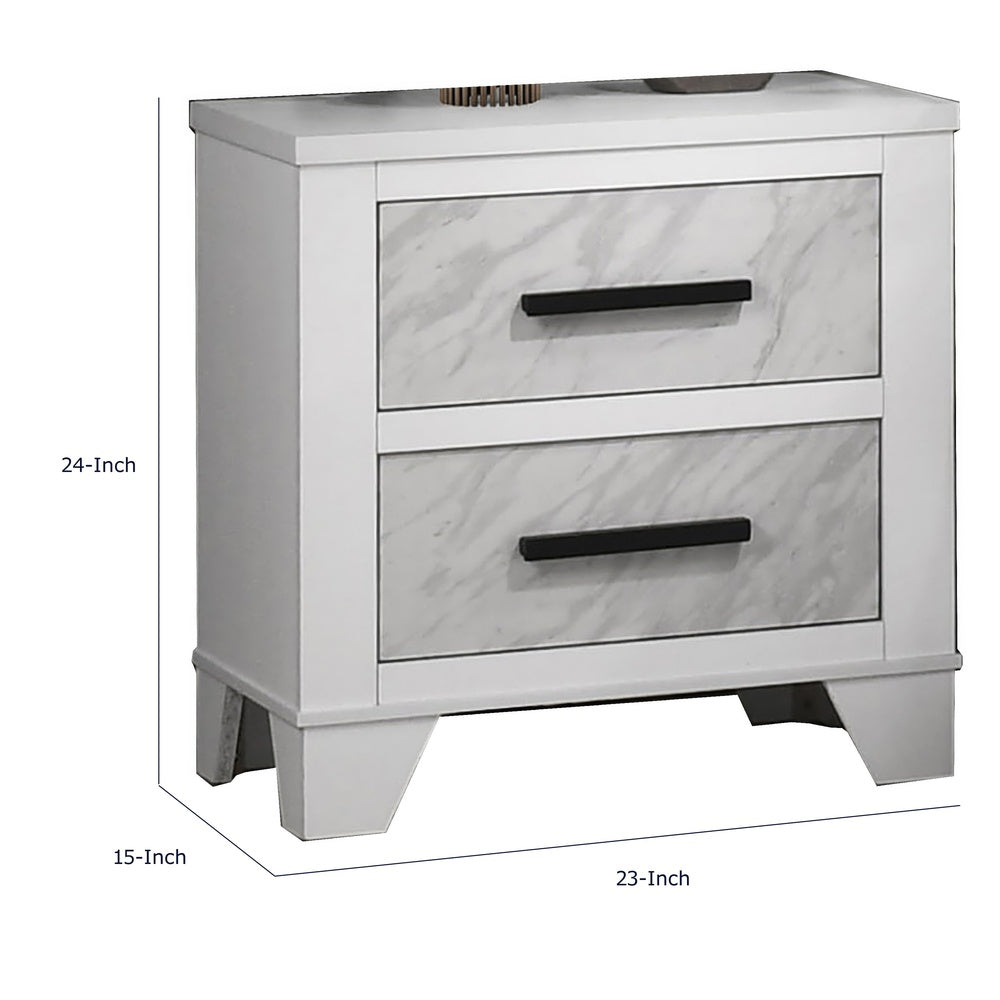 Feza Nightst& | 2 Drawers with Faux Marble Inset | Black Pulls | White