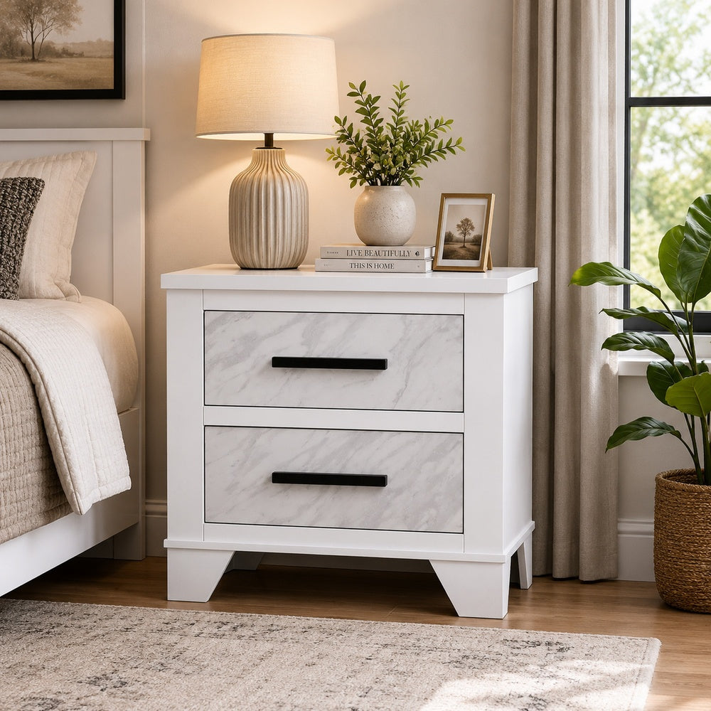 Feza Nightst& | 2 Drawers with Faux Marble Inset | Black Pulls | White
