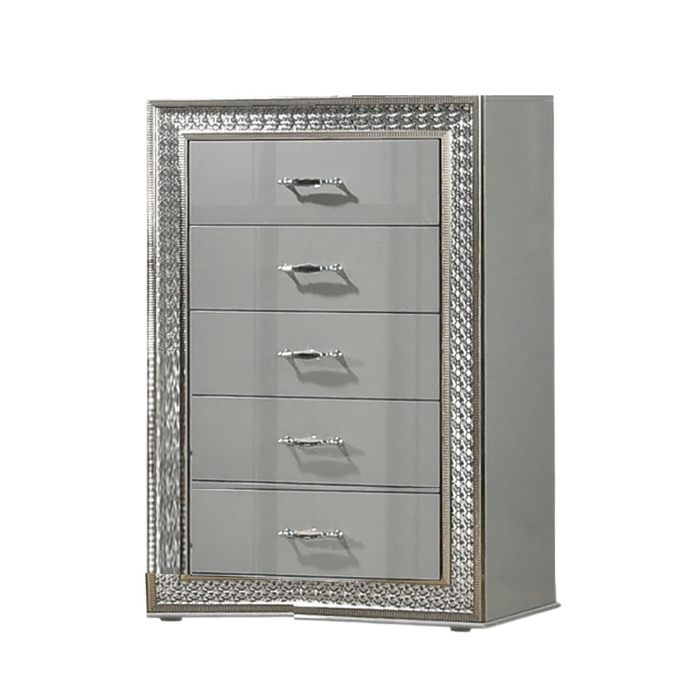 Cyl Tall Dresser Chest | 5 Drawers | Silver Scale Molded Trim | Metallic Gray