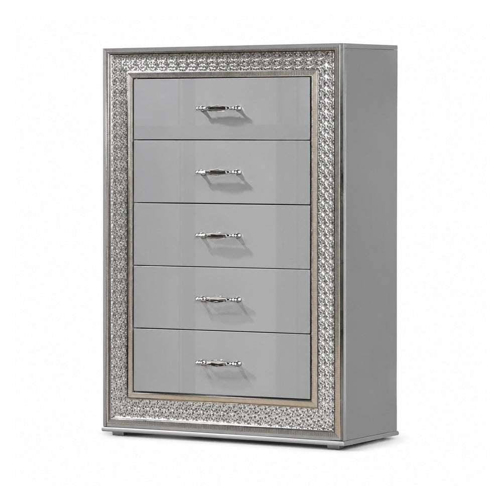 Cyl Tall Dresser Chest | 5 Drawers | Silver Scale Molded Trim | Metallic Gray