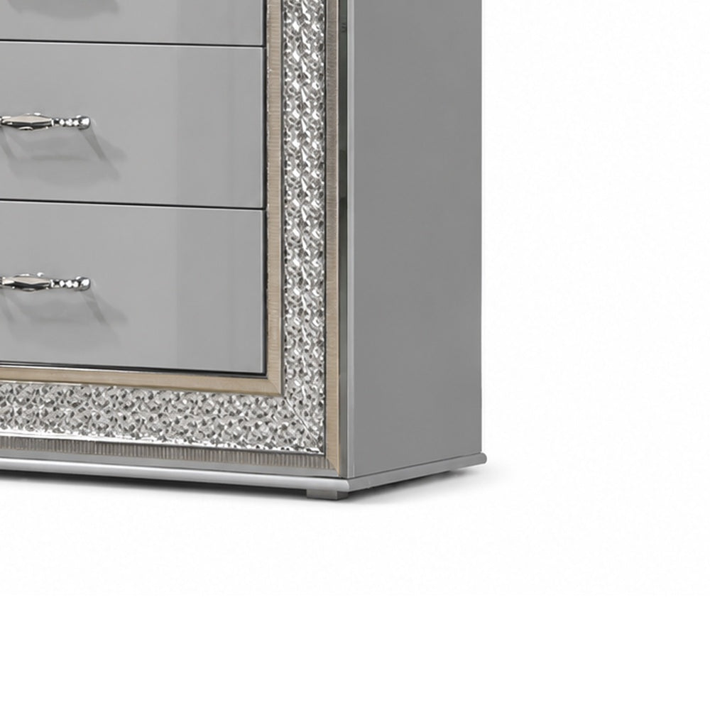 Cyl Tall Dresser Chest | 5 Drawers | Silver Scale Molded Trim | Metallic Gray