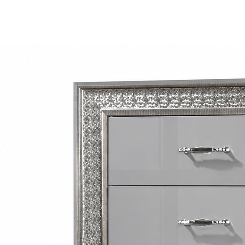 Cyl Tall Dresser Chest | 5 Drawers | Silver Scale Molded Trim | Metallic Gray