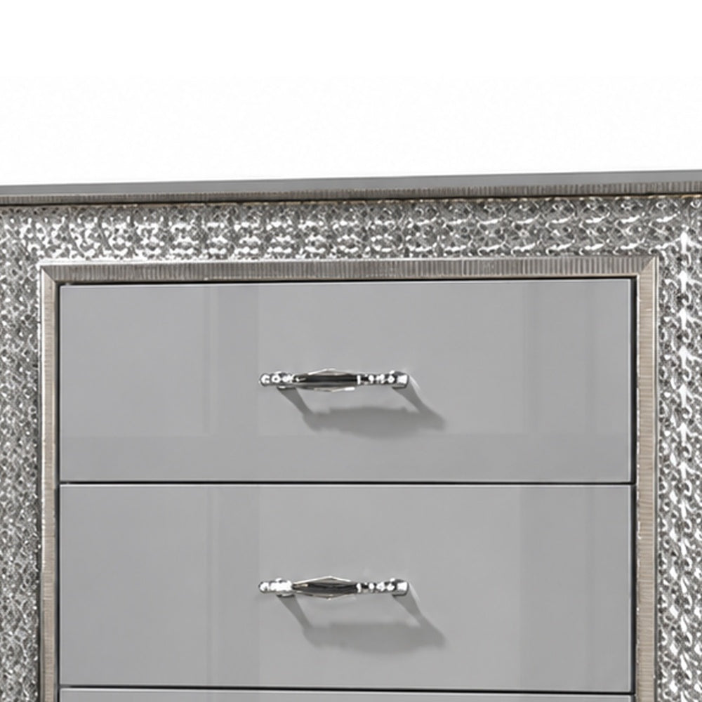 Cyl Tall Dresser Chest | 5 Drawers | Silver Scale Molded Trim | Metallic Gray