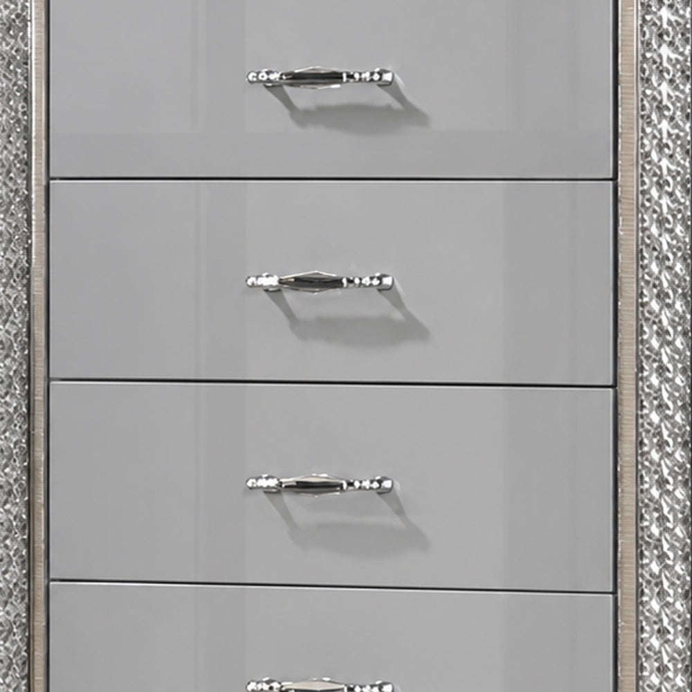 Cyl Tall Dresser Chest | 5 Drawers | Silver Scale Molded Trim | Metallic Gray