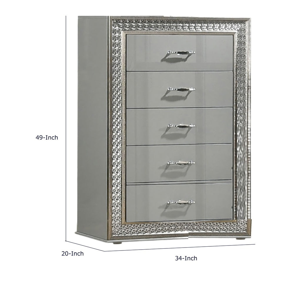 Cyl Tall Dresser Chest | 5 Drawers | Silver Scale Molded Trim | Metallic Gray
