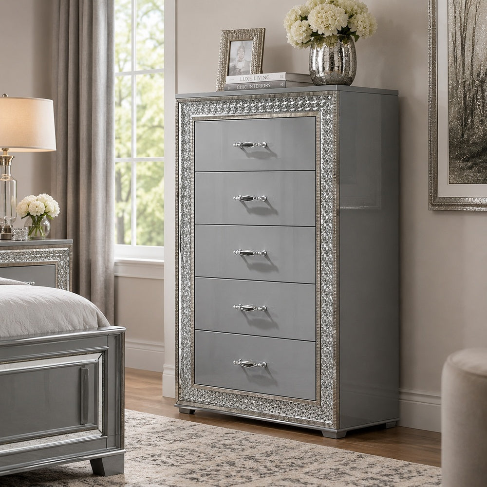 Cyl Tall Dresser Chest | 5 Drawers | Silver Scale Molded Trim | Metallic Gray