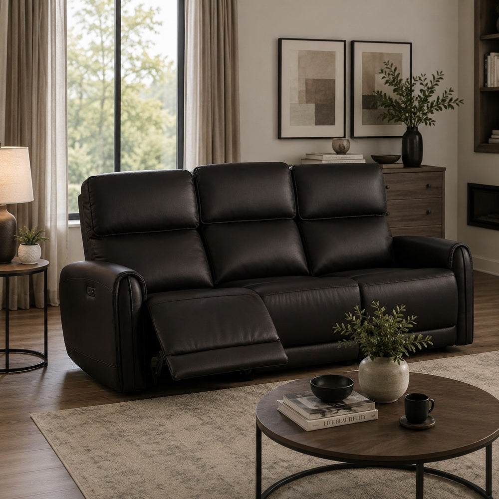 Sily Power Recliner Sofa w USB | Contour Arms | Foam Fill Black Faux Leather