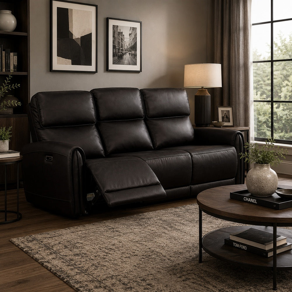 Sily Power Recliner Sofa w USB | Contour Arms | Foam Fill Black Faux Leather