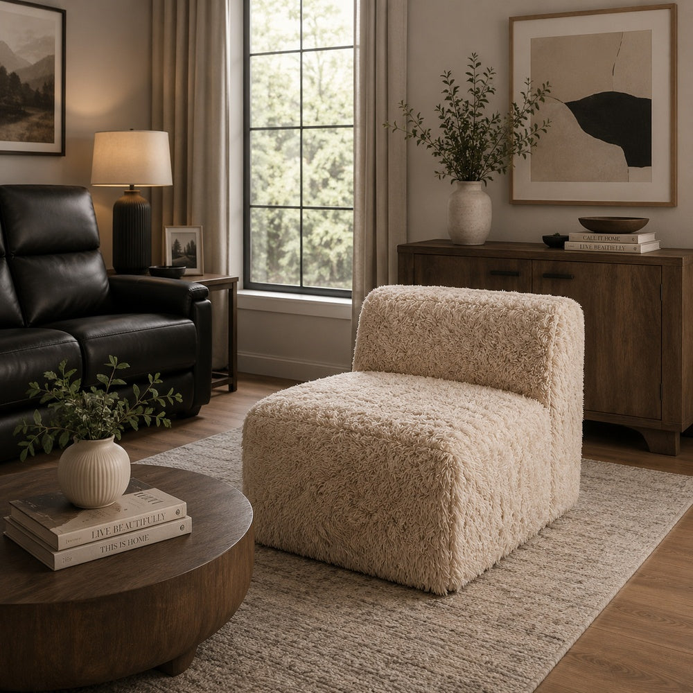 Appi Modular Armless Chair | Compressed Foam Fill S& Beige Faux Fur