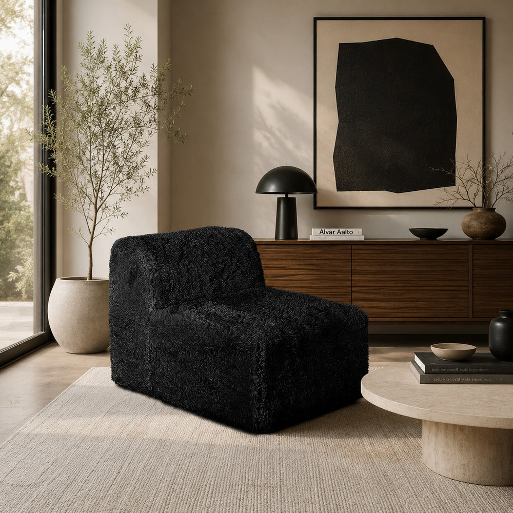 Appi Modular Armless Chair | Compressed Foam Fill Black Shaggy Faux Fur