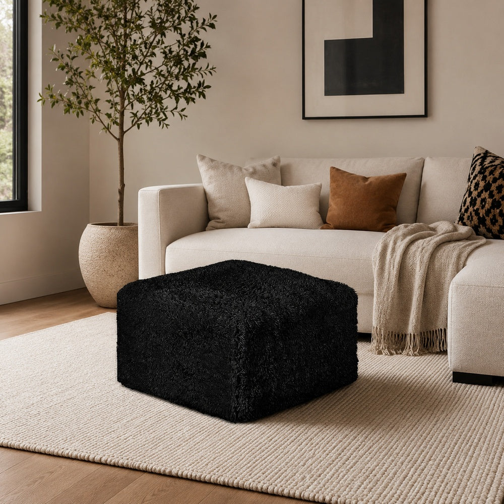 Appi Modular Square Ottoman | Compressed Foam | Black Faux Fur 27"