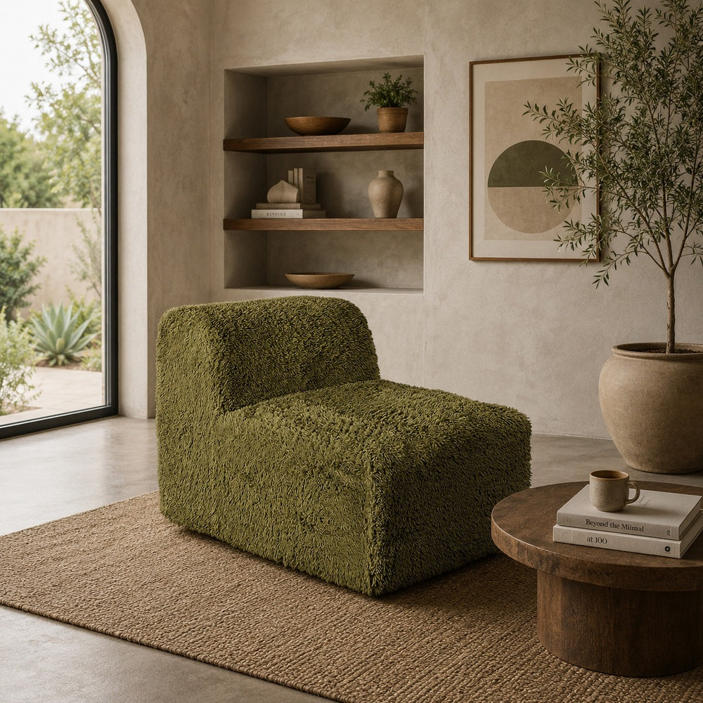 Appi Modular Armless Chair | Compressed Foam Fill Olive Green Faux Fur