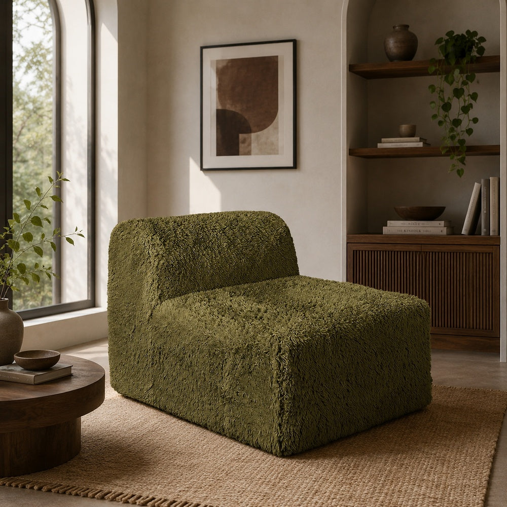 Appi Modular Armless Chair | Compressed Foam Fill Olive Green Faux Fur