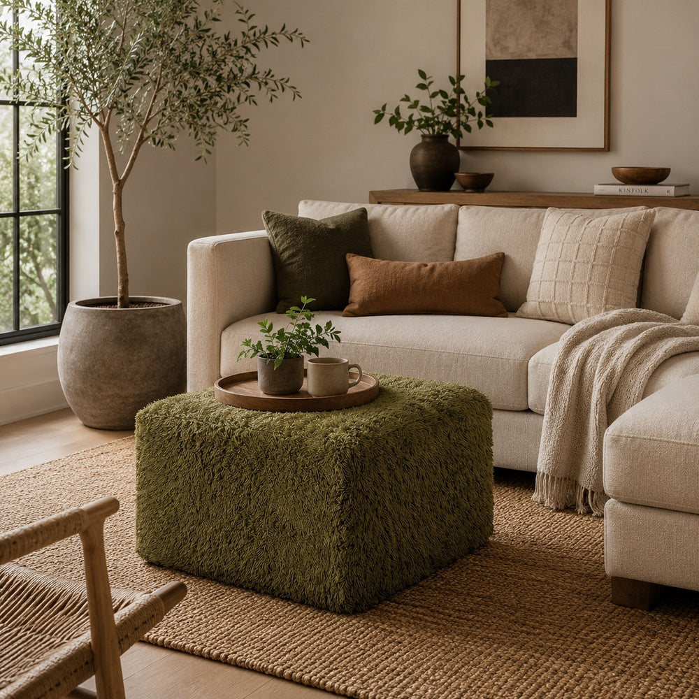 Appi Modular Square Ottoman | Compressed Foam | Olive Green Faux Fur 27"
