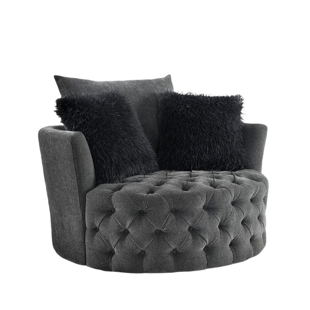 Sofia Swivel Accent Chair | Faux Fur Pillows | Dark Gray Tufted Fabric