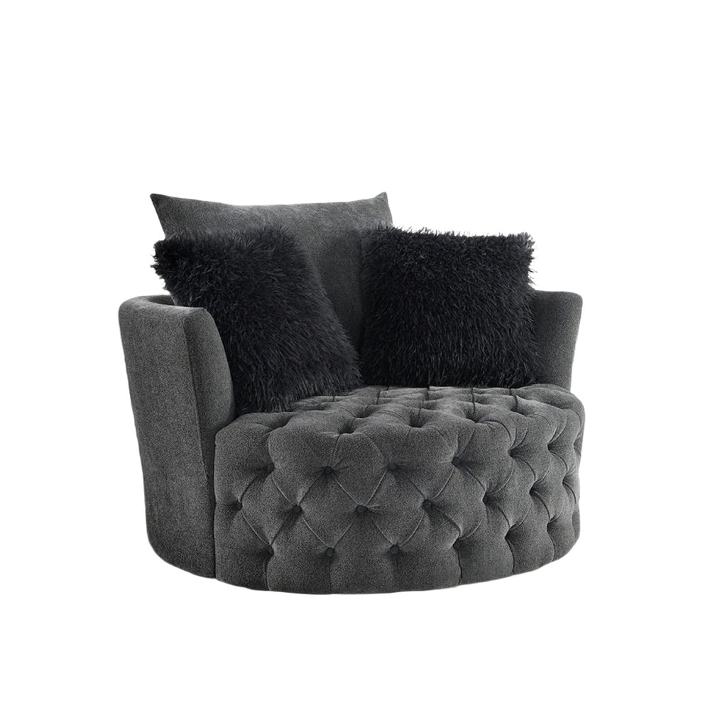 Sofia Swivel Accent Chair | Faux Fur Pillows | Dark Gray Tufted Fabric