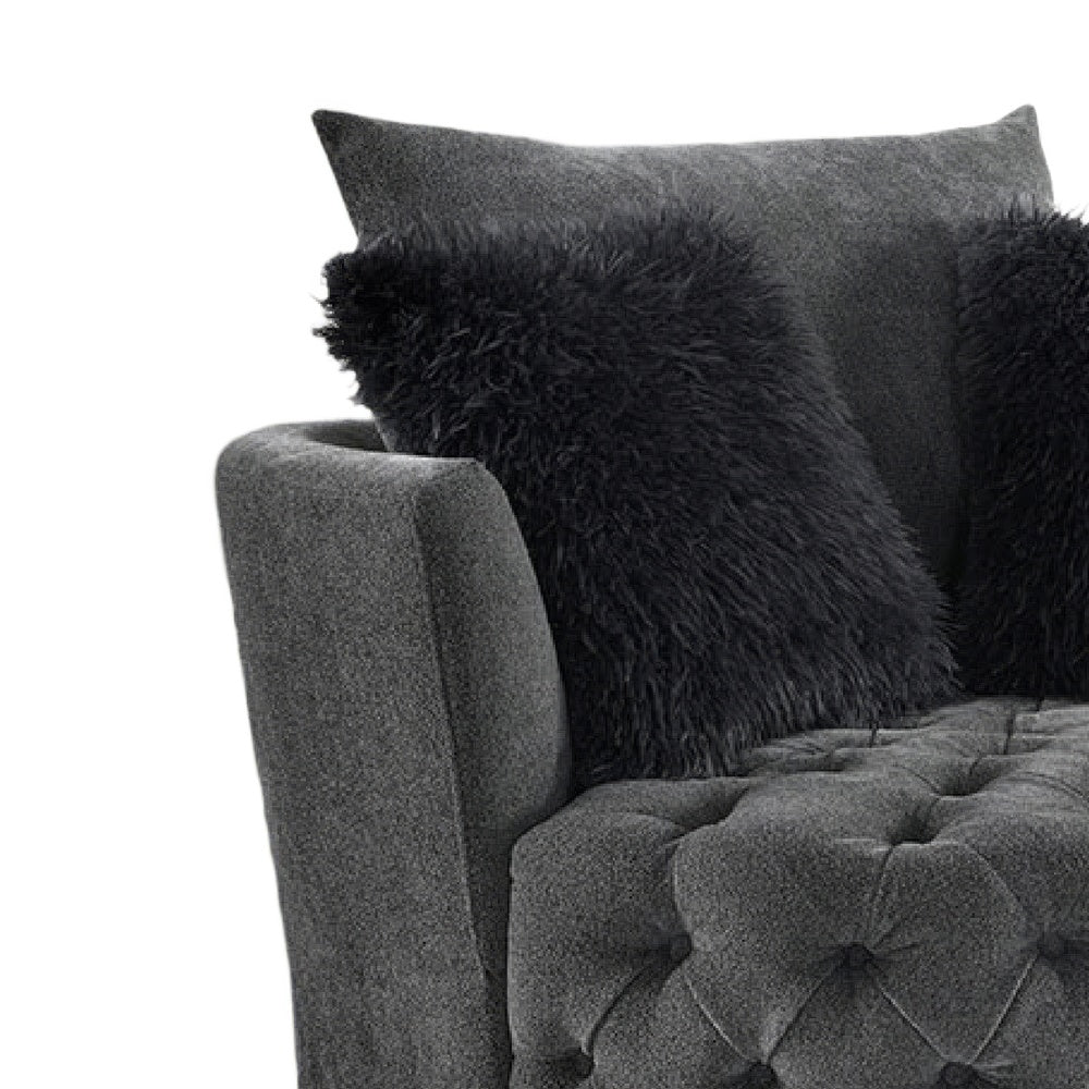 Sofia Swivel Accent Chair | Faux Fur Pillows | Dark Gray Tufted Fabric