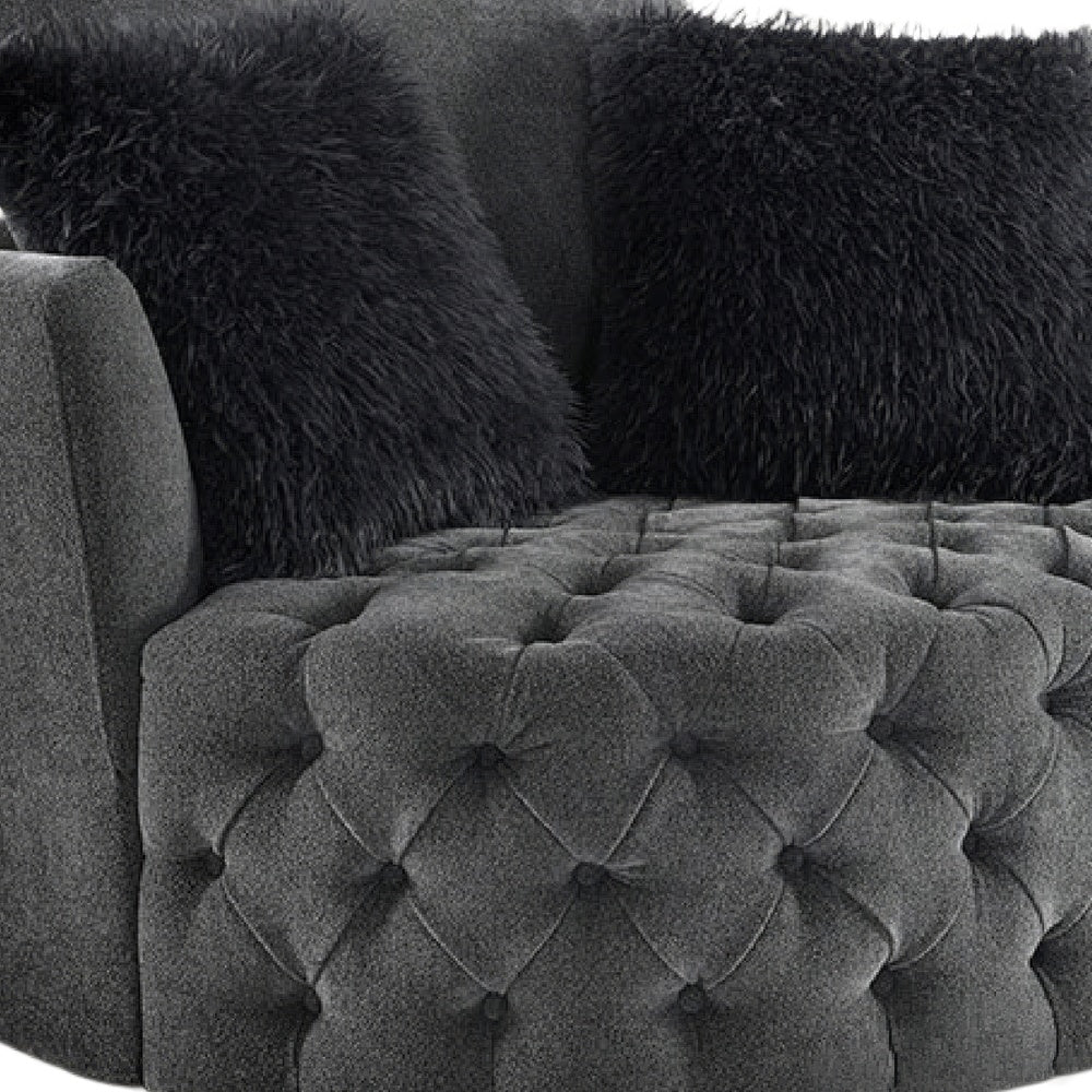 Sofia Swivel Accent Chair | Faux Fur Pillows | Dark Gray Tufted Fabric