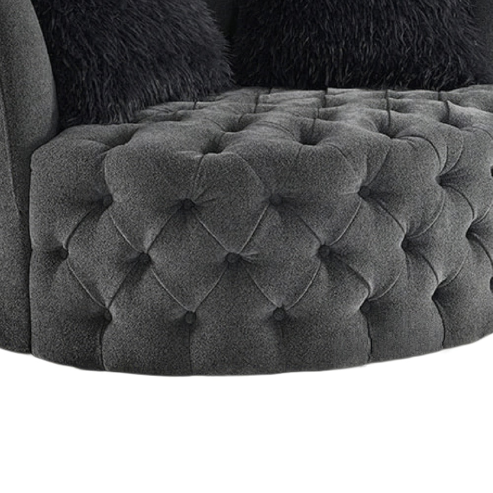 Sofia Swivel Accent Chair | Faux Fur Pillows | Dark Gray Tufted Fabric
