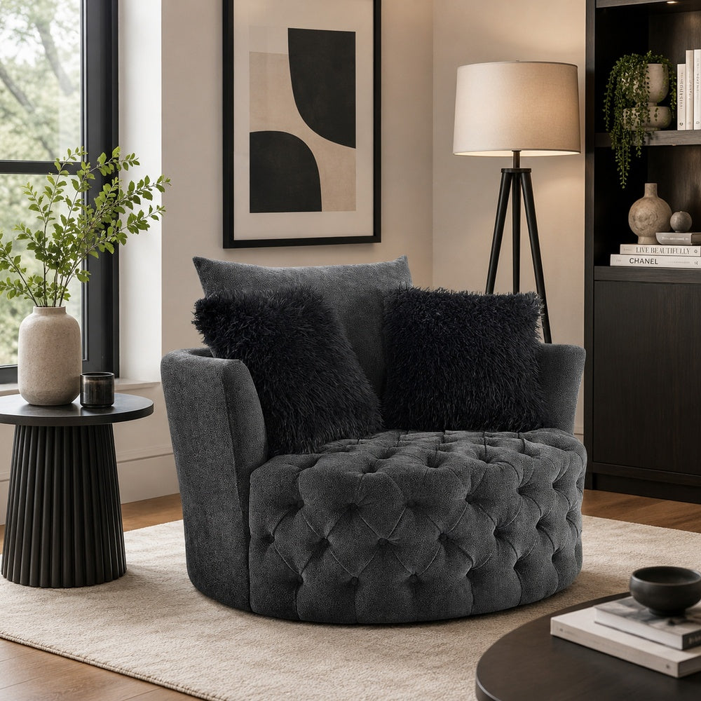 Sofia Swivel Accent Chair | Faux Fur Pillows | Dark Gray Tufted Fabric