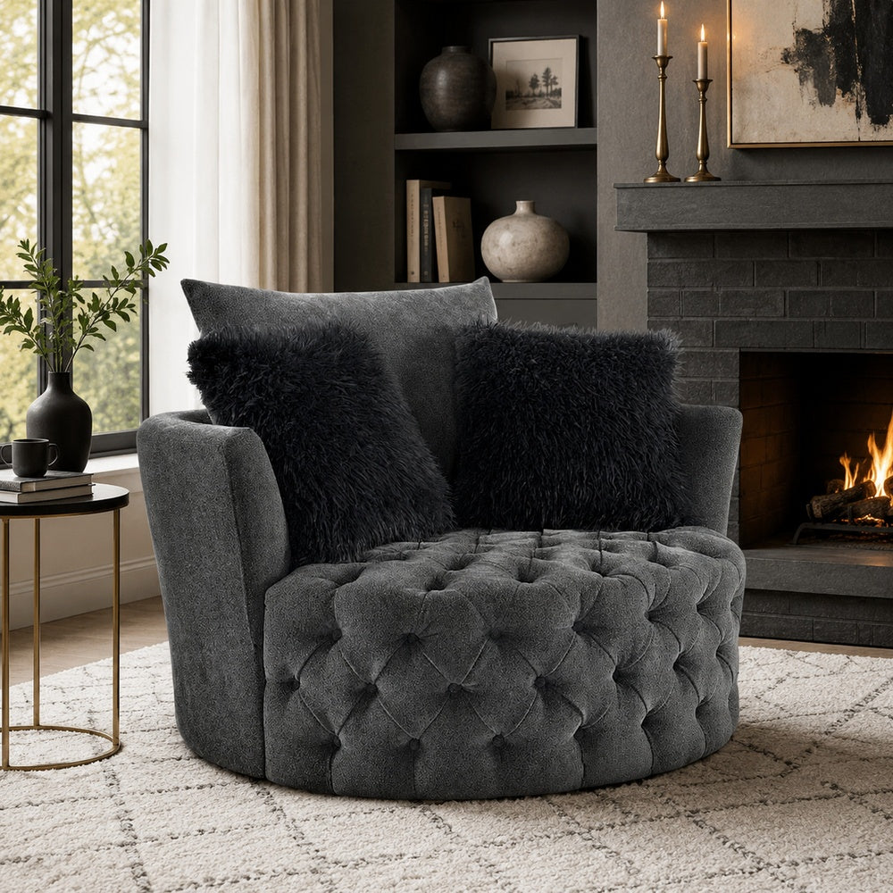 Sofia Swivel Accent Chair | Faux Fur Pillows | Dark Gray Tufted Fabric