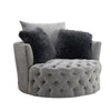 Sofia Swivel Accent Chair | Faux Fur Pillows | Light Gray Tufted Fabric