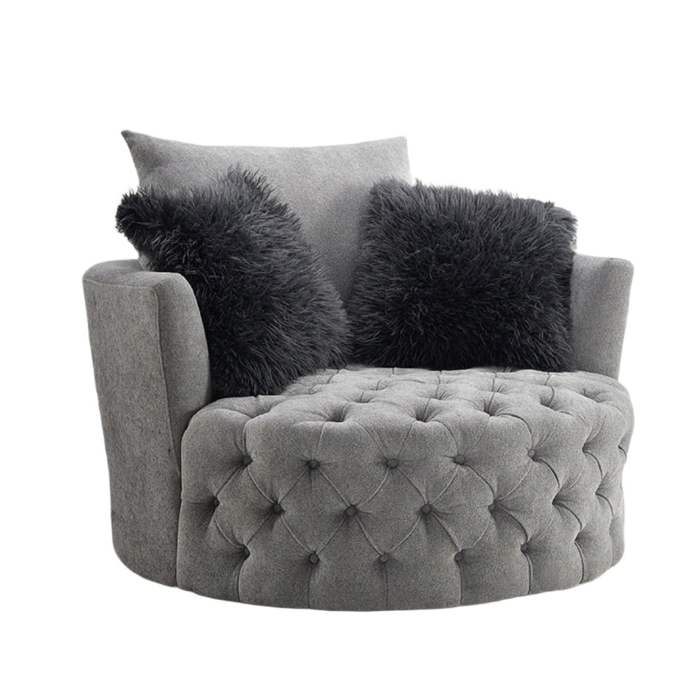Sofia Swivel Accent Chair | Faux Fur Pillows | Light Gray Tufted Fabric