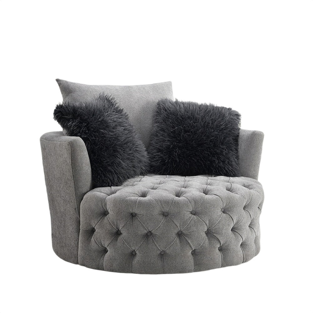Sofia Swivel Accent Chair | Faux Fur Pillows | Light Gray Tufted Fabric