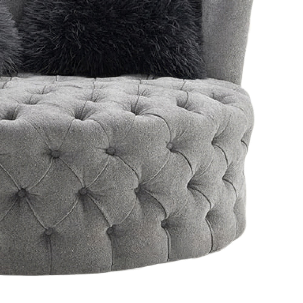 Sofia Swivel Accent Chair | Faux Fur Pillows | Light Gray Tufted Fabric