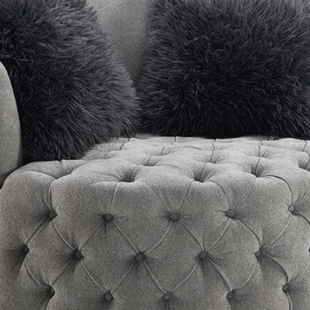 Sofia Swivel Accent Chair | Faux Fur Pillows | Light Gray Tufted Fabric