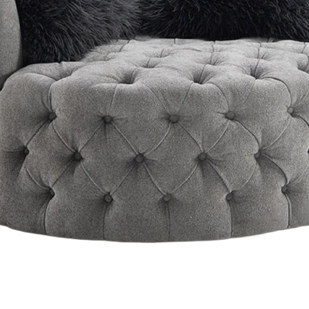Sofia Swivel Accent Chair | Faux Fur Pillows | Light Gray Tufted Fabric