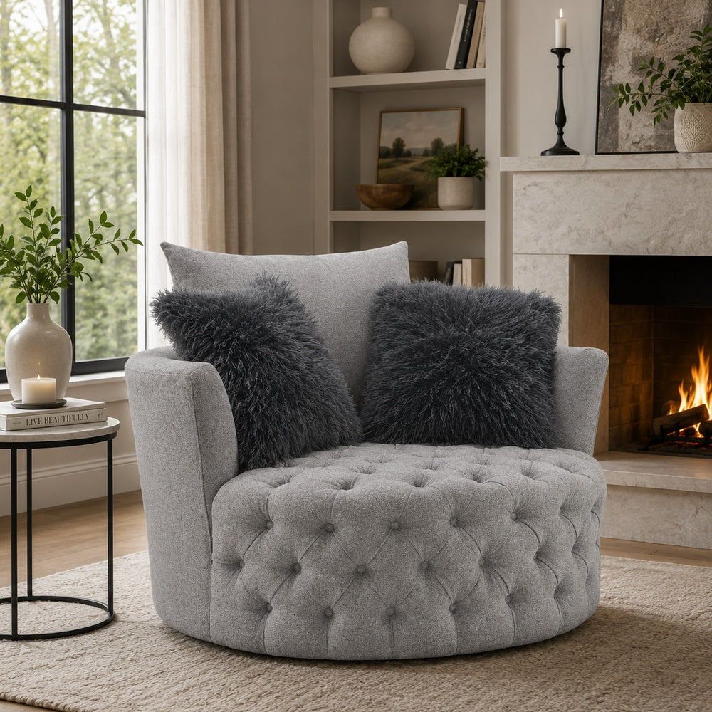 Sofia Swivel Accent Chair | Faux Fur Pillows | Light Gray Tufted Fabric