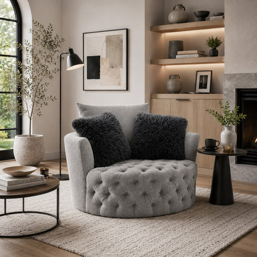 Sofia Swivel Accent Chair | Faux Fur Pillows | Light Gray Tufted Fabric