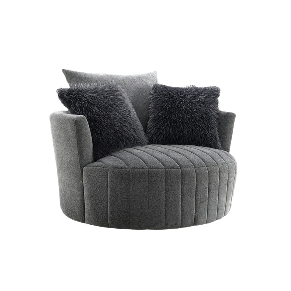 Hedy Swivel Accent Chair | Faux Fur Pillows | Dark Gray Channeled Fabric