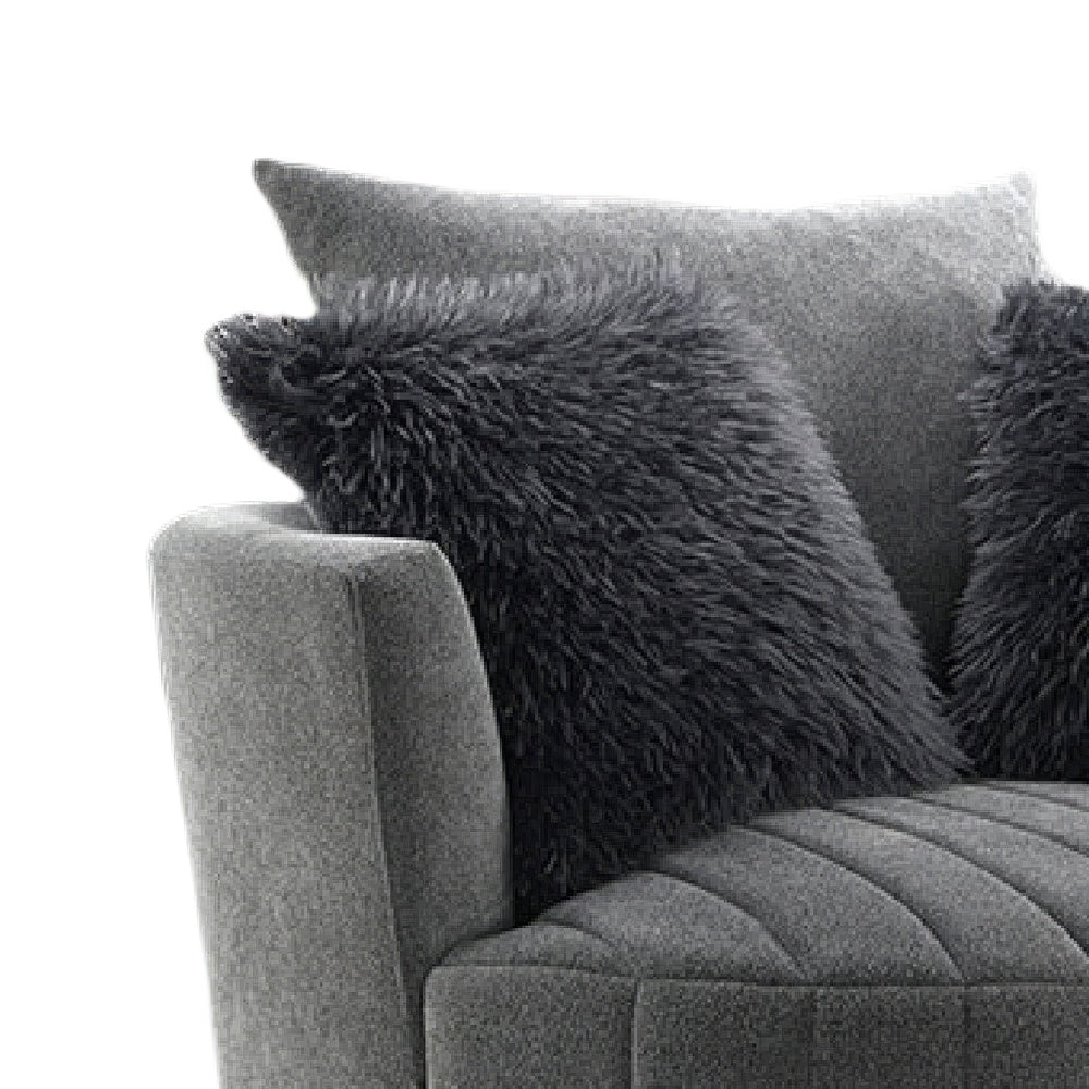 Hedy Swivel Accent Chair | Faux Fur Pillows | Dark Gray Channeled Fabric