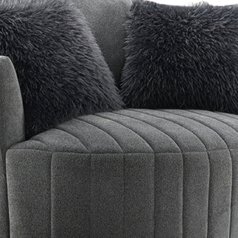 Hedy Swivel Accent Chair | Faux Fur Pillows | Dark Gray Channeled Fabric