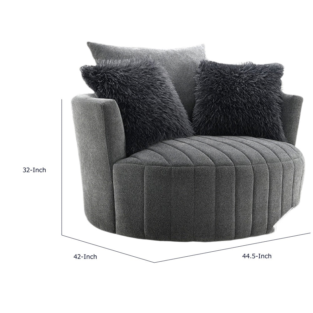 Hedy Swivel Accent Chair | Faux Fur Pillows | Dark Gray Channeled Fabric