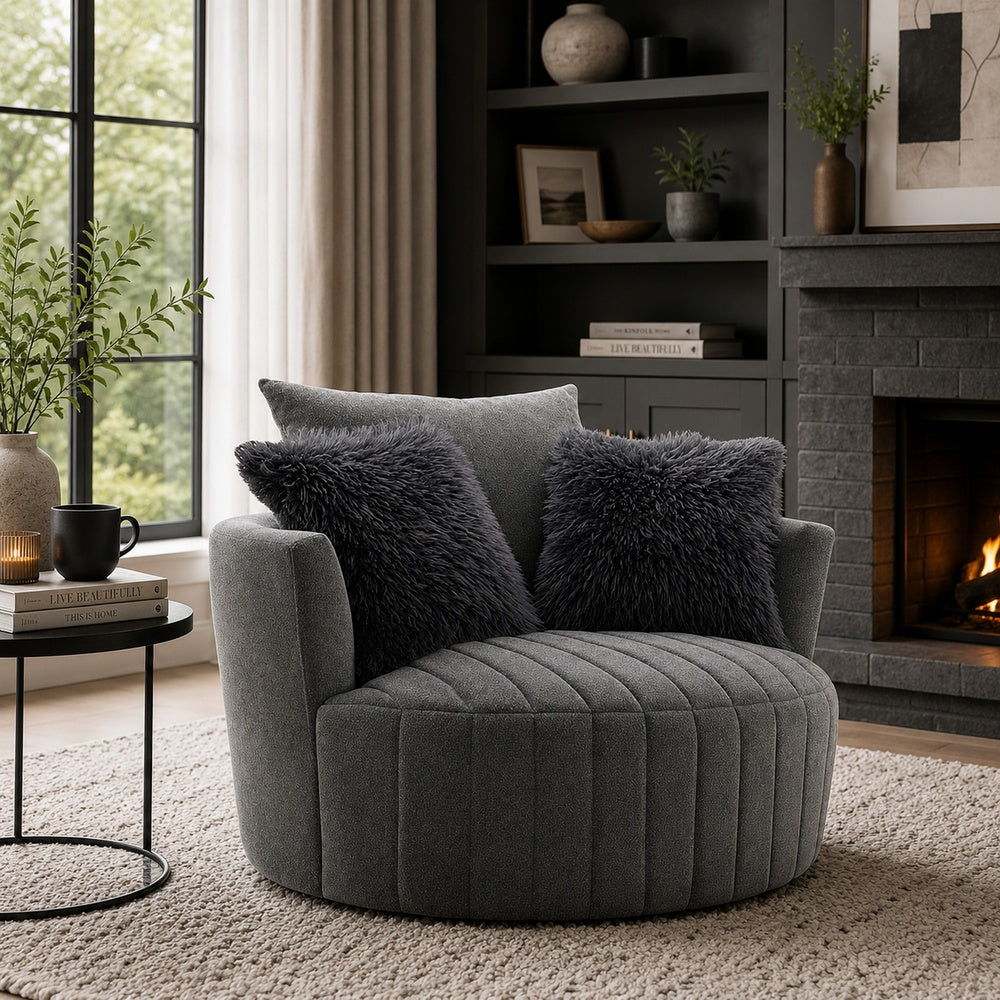 Hedy Swivel Accent Chair | Faux Fur Pillows | Dark Gray Channeled Fabric