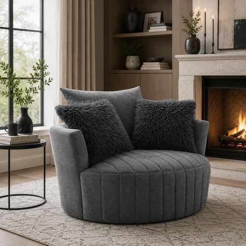 Hedy Swivel Accent Chair | Faux Fur Pillows | Dark Gray Channeled Fabric