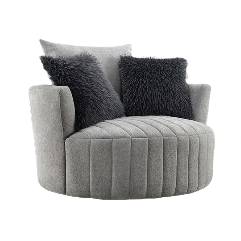 Hedy Swivel Accent Chair | Faux Fur Pillow | Light Gray Channeled Fabric