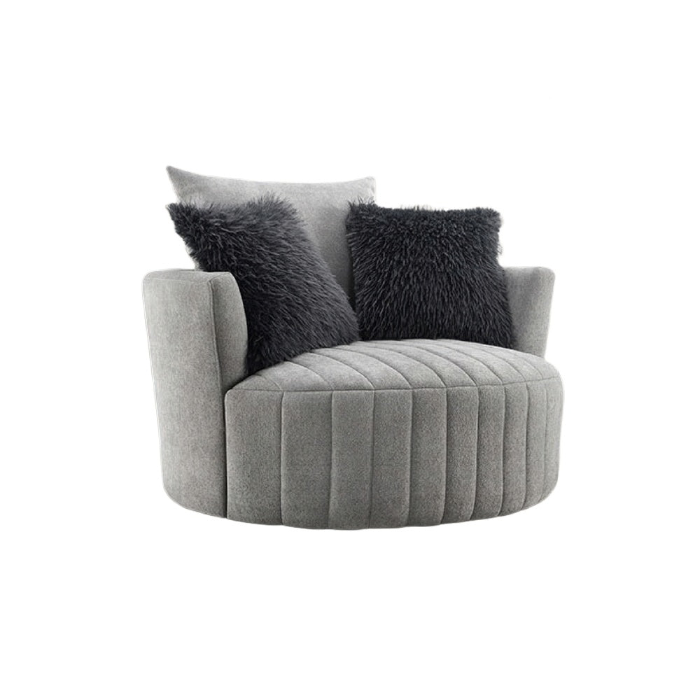 Hedy Swivel Accent Chair | Faux Fur Pillow | Light Gray Channeled Fabric