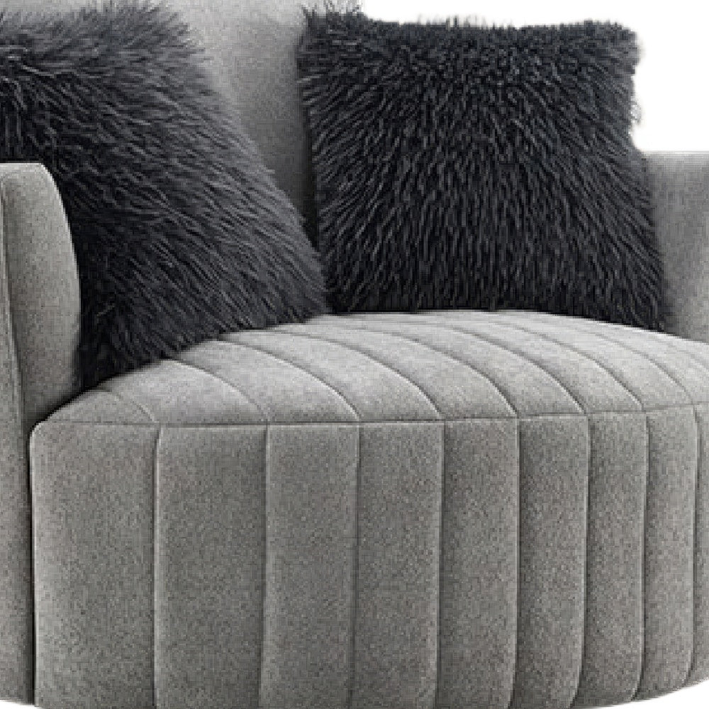 Hedy Swivel Accent Chair | Faux Fur Pillow | Light Gray Channeled Fabric